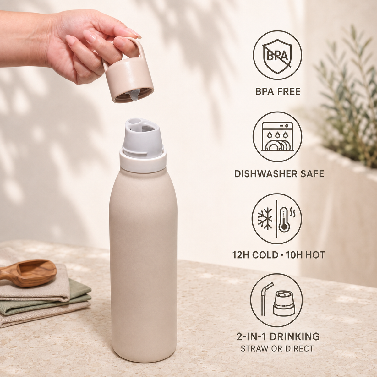 GRAB&SIP | 530ml Stainless Steel Bottle | 2-in-1 Straw & Direct Sip