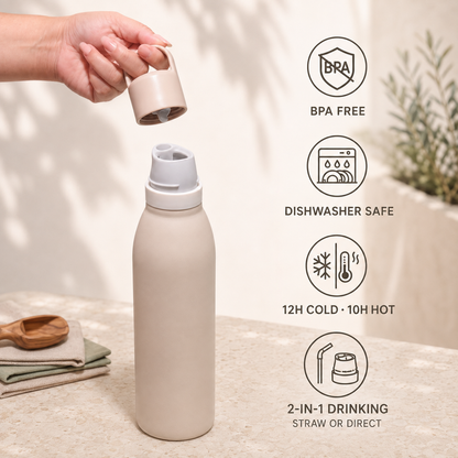 GRAB&SIP | 530ml Stainless Steel Bottle | 2-in-1 Straw & Direct Sip